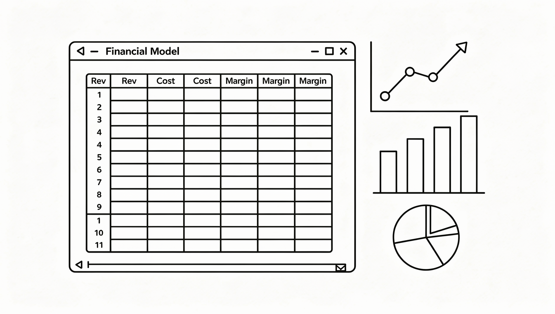 Financial model spreadsheet and charts illustration